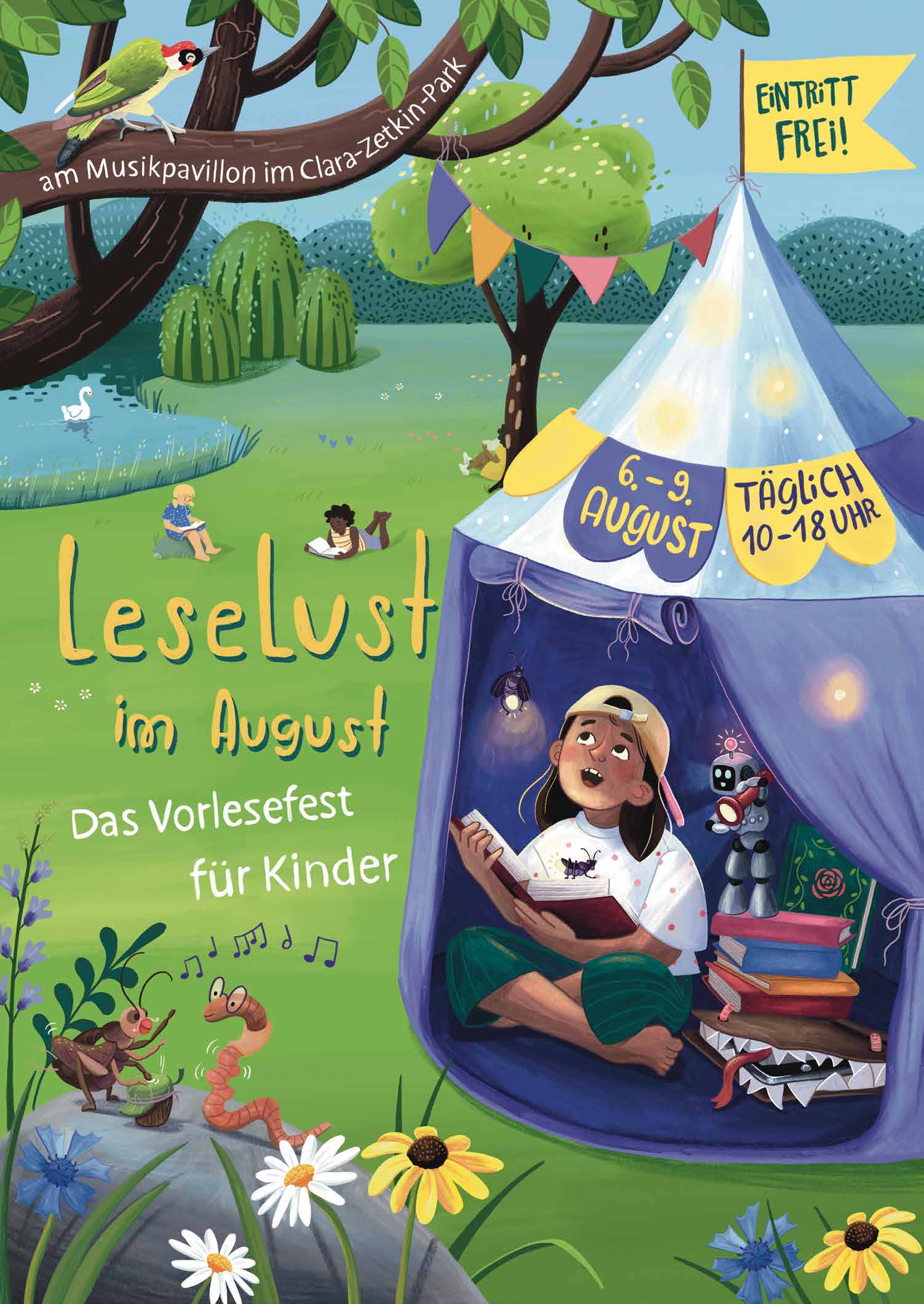 6.8.-9.8.2026, LeseLust im August, das Vorlesefest für Kinder im Clara-Zetkin-Park, täglich 10-18 Uhr