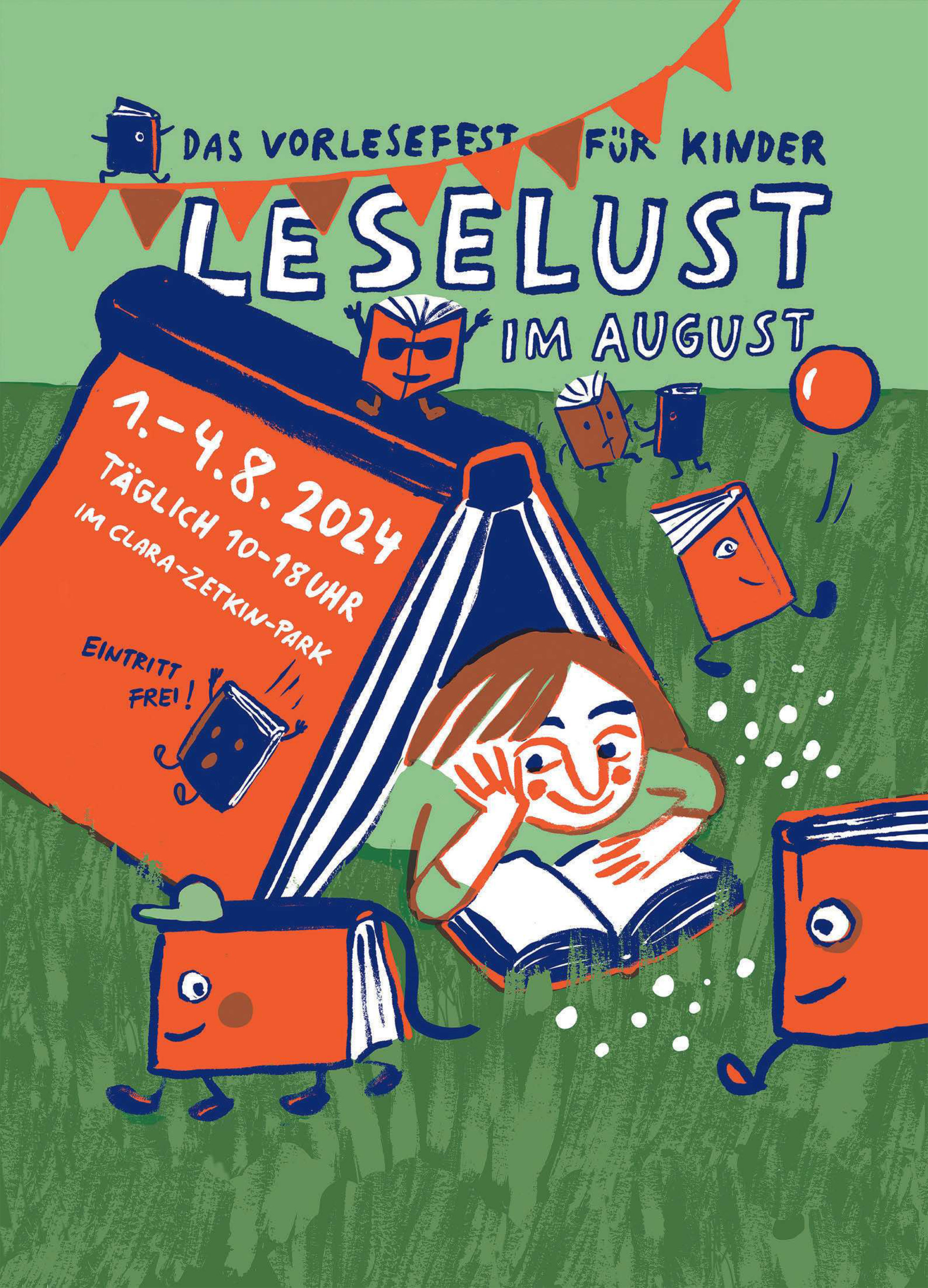 1.8.-4.8.2024, LeseLust im August, das Vorlesefest für Kinder im Clara-Zetkin-Park, täglich 10-18 Uhr